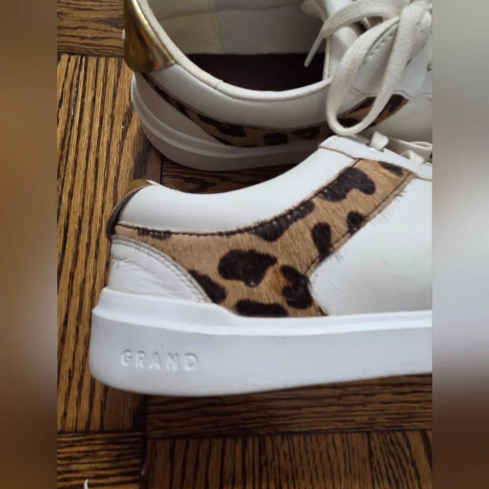 Cole Haan Women's White & Black Leather Leopard-Accent Sneaker Grand Crosscourt - Picture 7 of 16